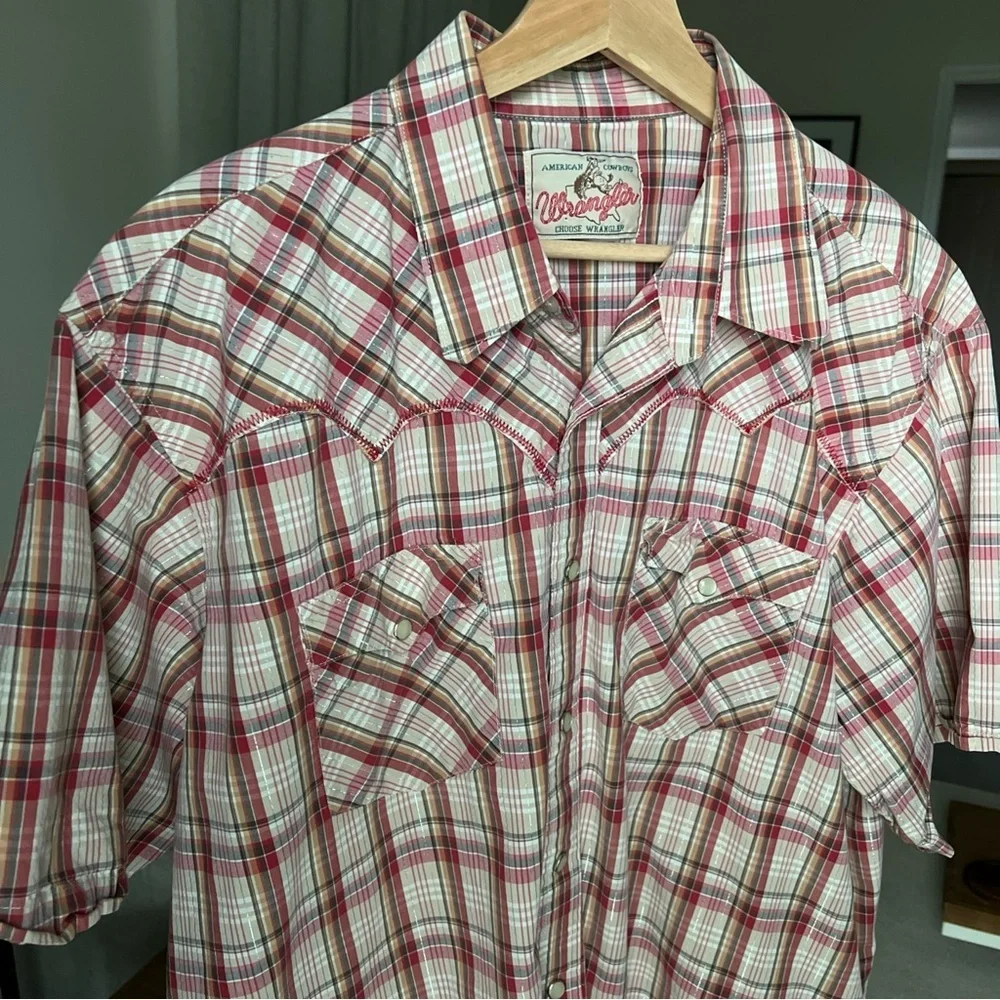 Wrangler Mens Short Sleeve Snap Close Red/white/orange/silver Plaid Shirt Sz XL - Picture 4 of 16